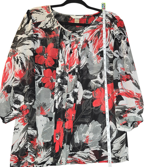 Christopher & Banks Womens Large Floral Blouse Button Up Top Sheer Black Red - Picture 6 of 11